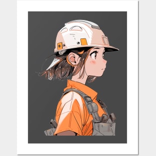 Construction Worker Girl Original Illustration in Anime Style T-Shirt Posters and Art